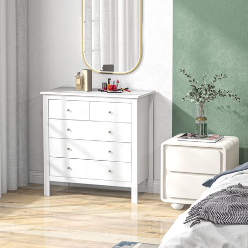 Commode 5 Tiroirs Style Contemporain Poignées Boutons Métal Mdf Blanc