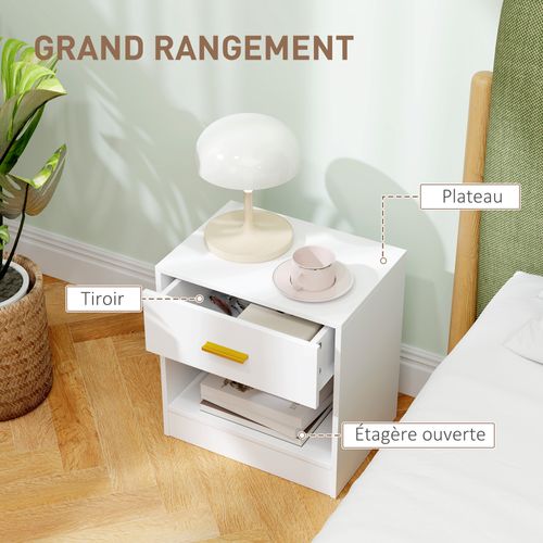 Lot De 2 Chevets - Tiroir, Niche, Plateau - Poignée Métal Doré Blanc