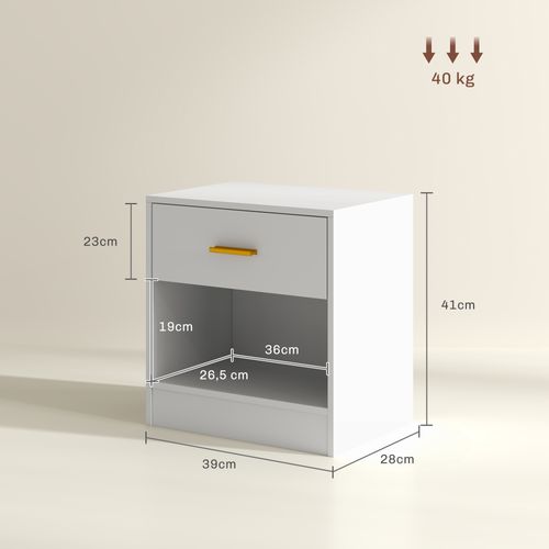 Lot De 2 Chevets - Tiroir, Niche, Plateau - Poignée Métal Doré Blanc