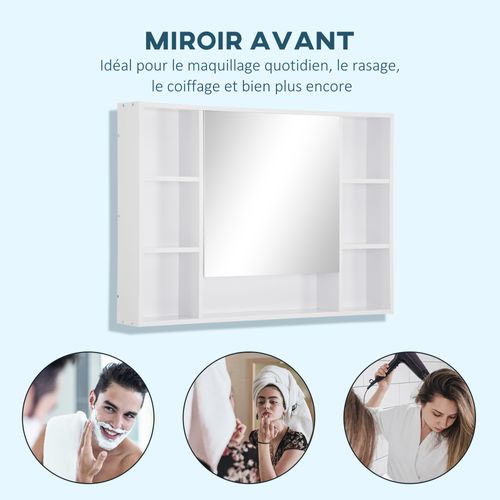 Armoire Murale Salle De Bain Avec Miroir - 7 Niches, Étagère - Mdf Blanc