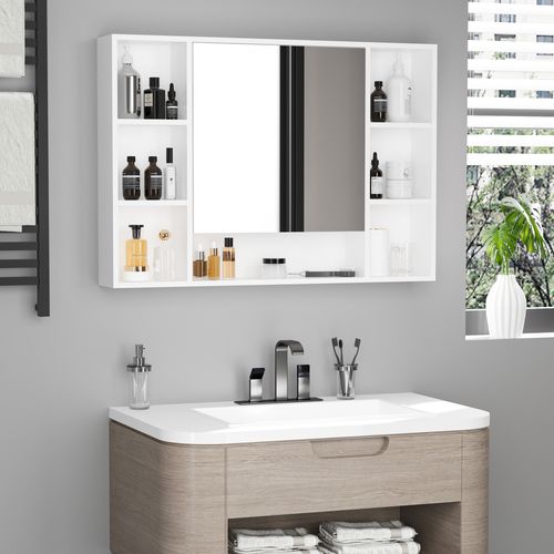 Armoire Murale Salle De Bain Avec Miroir - 7 Niches, Étagère - Mdf Blanc