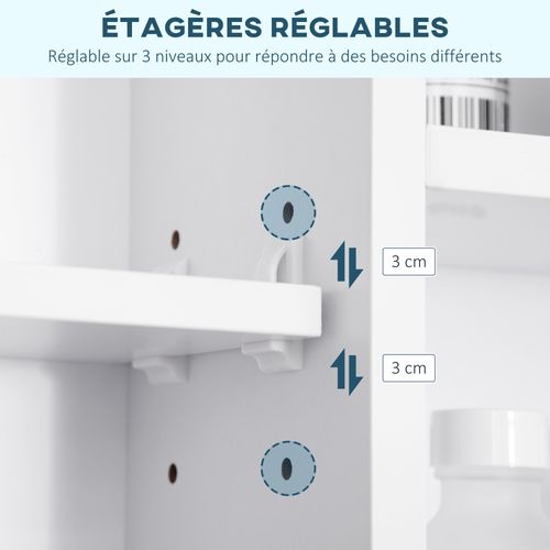 Armoire Murale Salle De Bain Avec Miroir - 7 Niches, Étagère - Mdf Blanc