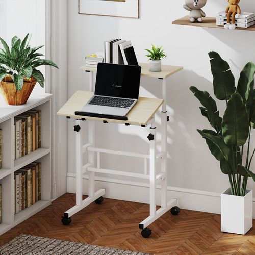 Bureau Assis Debout Mobile Inclinable Réglable H.70,5-120cm Effet Bois Clair