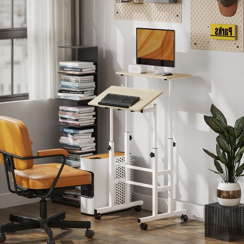 Bureau Assis Debout Mobile Inclinable Réglable H.70,5-120cm Effet Bois Clair