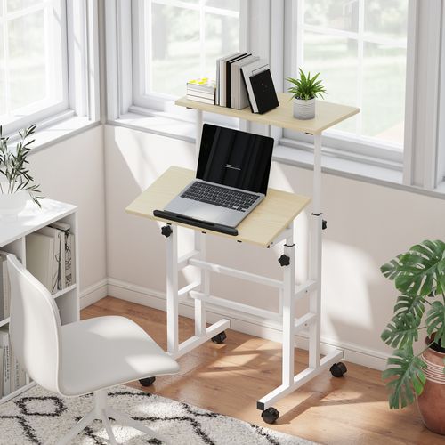Bureau Assis Debout Mobile Inclinable Réglable H.70,5-120cm Effet Bois Clair