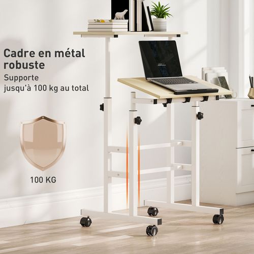 Bureau Assis Debout Mobile Inclinable Réglable H.70,5-120cm Effet Bois Clair
