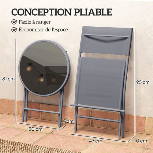 Ensemble Bistrot Jardin 2 Personnes Pliable Métal Époxy Gris