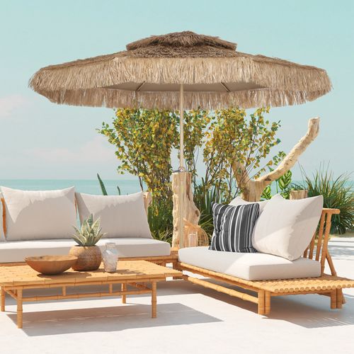 Parasol Droit Style Hawaïen Franges Raphia Diamètre 294 Cm Marron Clair
