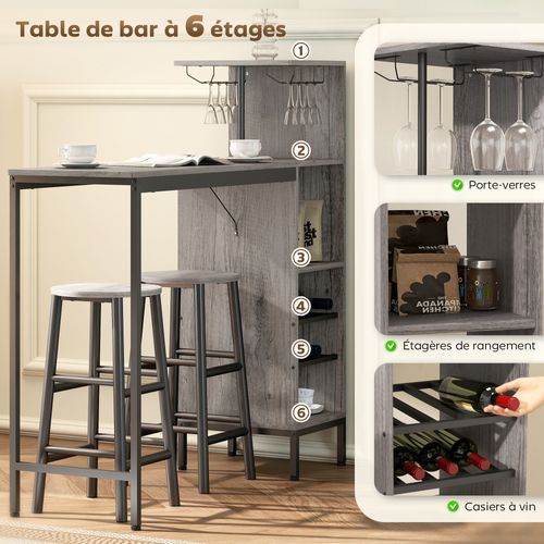 Ensemble Table De Bar 2 Tabourets Étagères Porte-verres Range-bouteilles Gris
