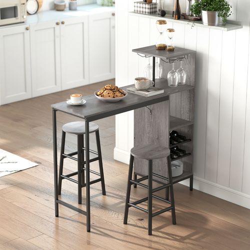 Ensemble Table De Bar 2 Tabourets Étagères Porte-verres Range-bouteilles Gris