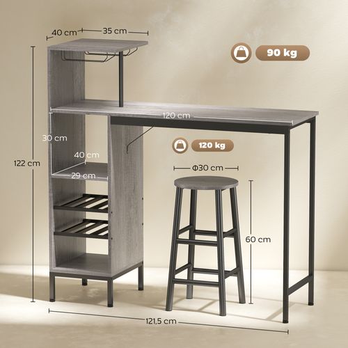 Ensemble Table De Bar 2 Tabourets Étagères Porte-verres Range-bouteilles Gris