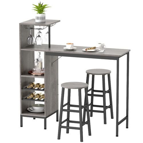 Ensemble Table De Bar 2 Tabourets Étagères Porte-verres Range-bouteilles Gris