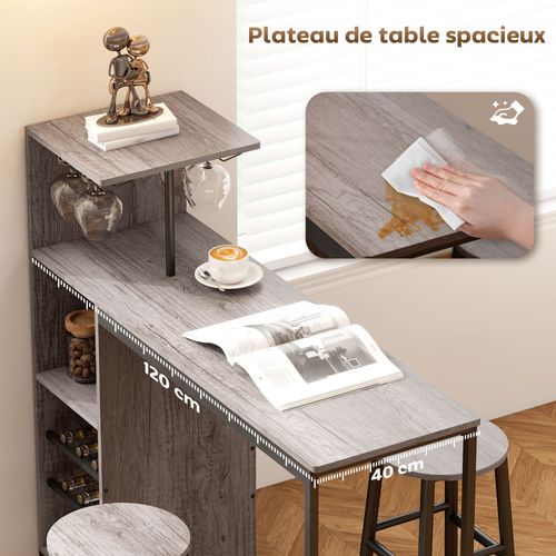 Ensemble Table De Bar 2 Tabourets Étagères Porte-verres Range-bouteilles Gris