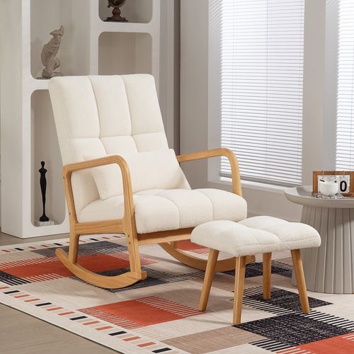 Fauteuil à Bascule Tissu Laine Bouclée Matelasée Avec Repose-pieds Style Nordique