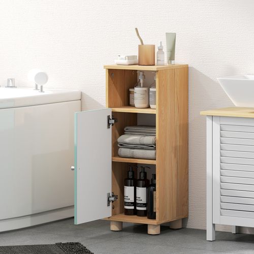 Meuble Salle De Bain Porte Étagère Niche Effet Bois Clair Vert D'eau