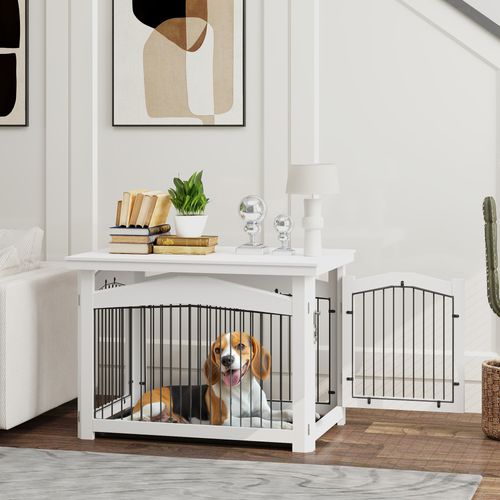 Cage Barrière Chien Table Basse D'appoint 3 En 1 Plateaux Amovibles Noir Blanc