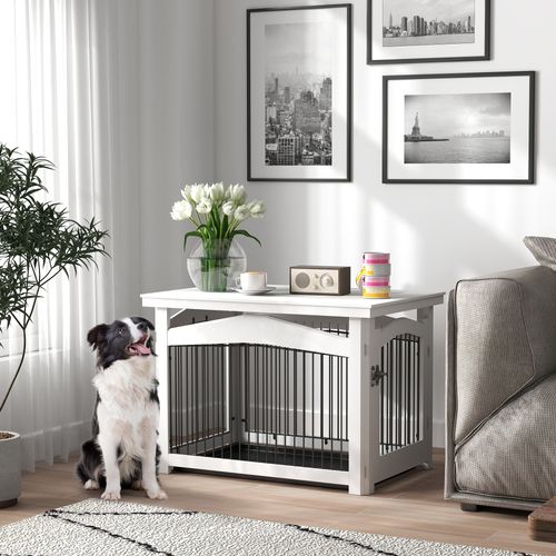 Cage Barrière Chien Table Basse D'appoint 3 En 1 Plateaux Amovibles Noir Blanc
