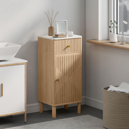 Meuble Bas Salle De Bain Style Bois Naturel Plateau Effet Marbre Blanc