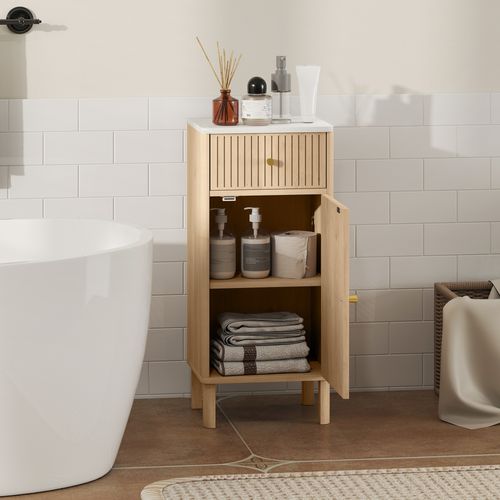 Meuble Bas Salle De Bain Style Bois Naturel Plateau Effet Marbre Blanc