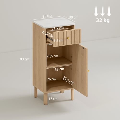 Meuble Bas Salle De Bain Style Bois Naturel Plateau Effet Marbre Blanc