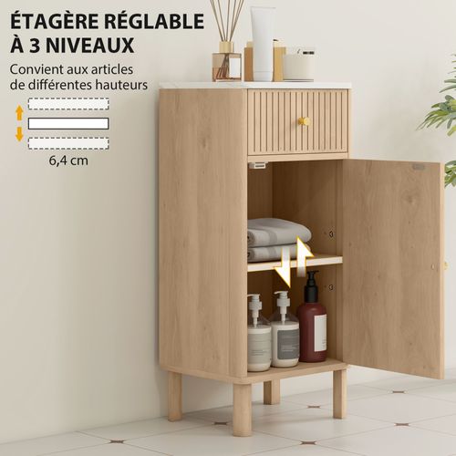 Meuble Bas Salle De Bain Style Bois Naturel Plateau Effet Marbre Blanc