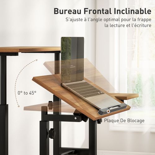 Bureau Assis Debout Mobile Inclinable Réglable H.70,5-120cm Effet Bois