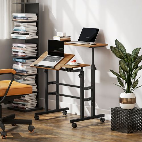 Bureau Assis Debout Mobile Inclinable Réglable H.70,5-120cm Effet Bois