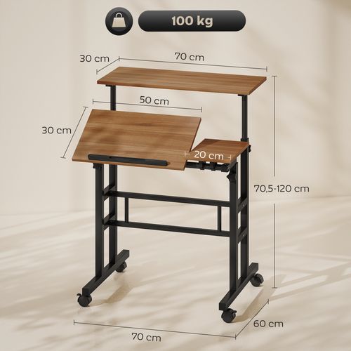 Bureau Assis Debout Mobile Inclinable Réglable H.70,5-120cm Effet Bois