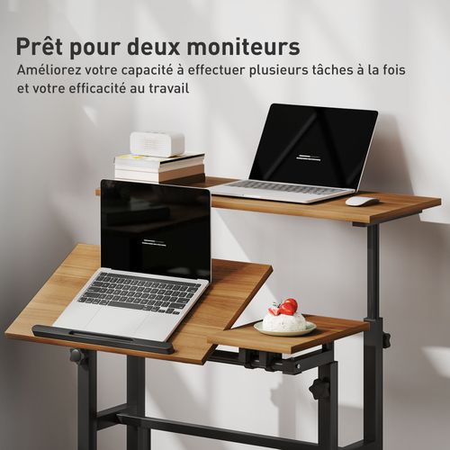 Bureau Assis Debout Mobile Inclinable Réglable H.70,5-120cm Effet Bois