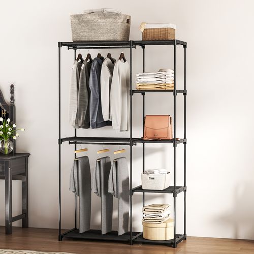 Armoire Penderie 2 Barres De Suspension 6 Étagères Métal Pvc Non Tissé Noir