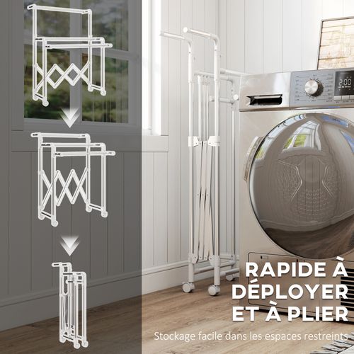 Séchoir à Linge Pliable Réglable Étendoir 3 Barres 4 Roulettes Acier Inox
