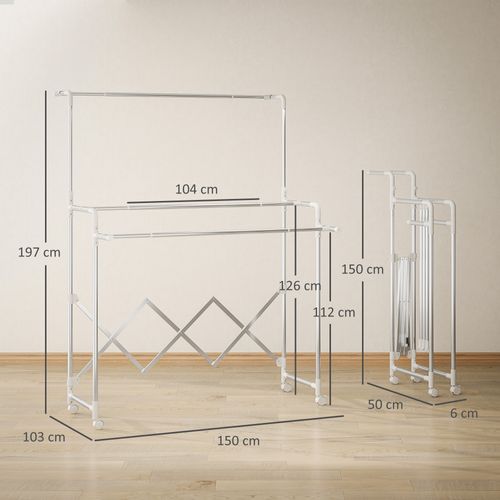 Séchoir à Linge Pliable Réglable Étendoir 3 Barres 4 Roulettes Acier Inox