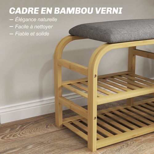 Banc à Chaussures En Bambou - 2 Étagères, Panier - Coussin Gris