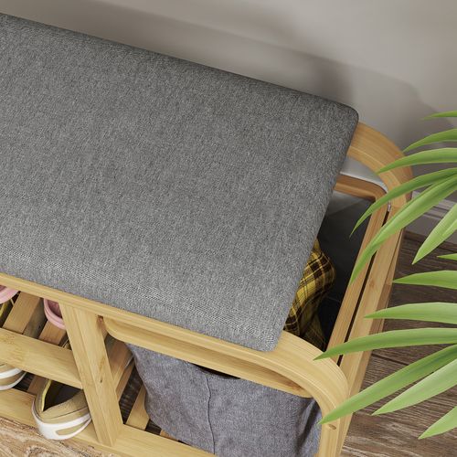 Banc à Chaussures En Bambou - 2 Étagères, Panier - Coussin Gris