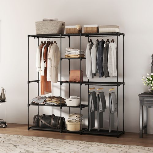 Dressing Armoire-penderie 8 Étagères 3 Tringles Métal Non Tissé Noir