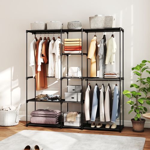 Dressing Armoire-penderie 8 Étagères 3 Tringles Métal Non Tissé Noir