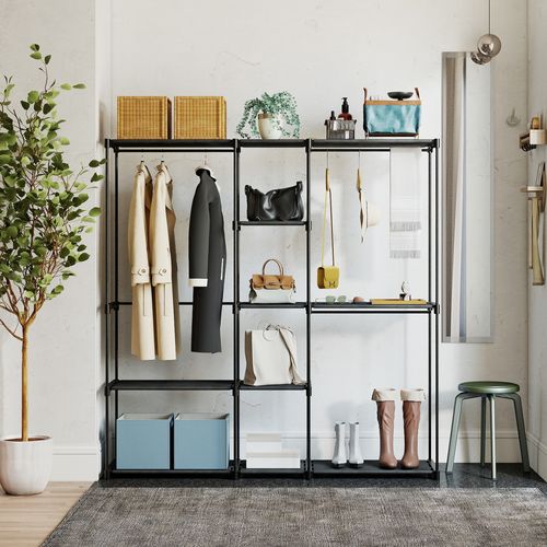 Dressing Armoire-penderie 8 Étagères 3 Tringles Métal Non Tissé Noir