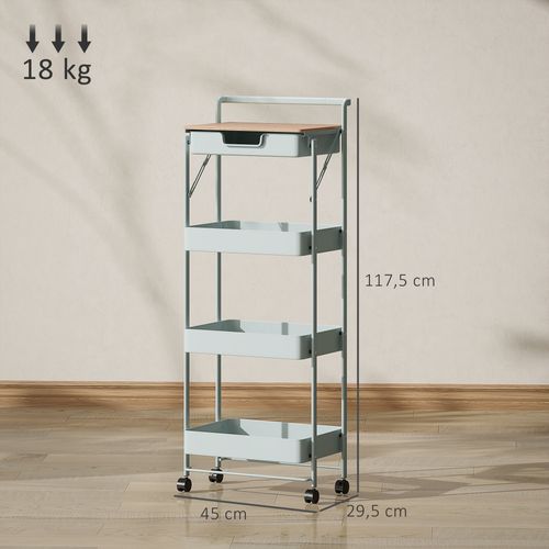 Desserte 3 Paniers Tiroir Plateau Métal Vert D'eau Effet Bois Clair