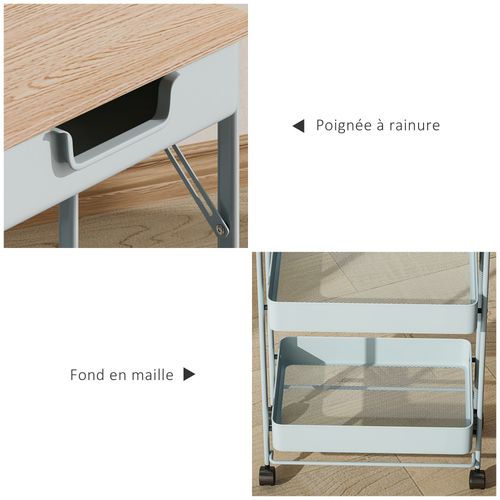 Desserte 3 Paniers Tiroir Plateau Métal Vert D'eau Effet Bois Clair