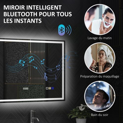 Miroir Lumineux LED 80 X 60 Cm Bluetooth Interrupteur Tactile Lumière Réglable