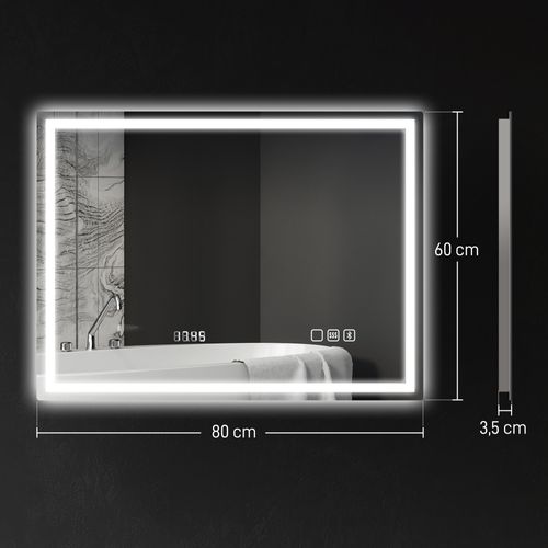 Miroir Lumineux LED 80 X 60 Cm Bluetooth Interrupteur Tactile Lumière Réglable