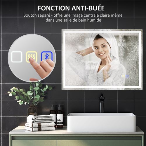 Miroir Lumineux LED 80 X 60 Cm Bluetooth Interrupteur Tactile Lumière Réglable