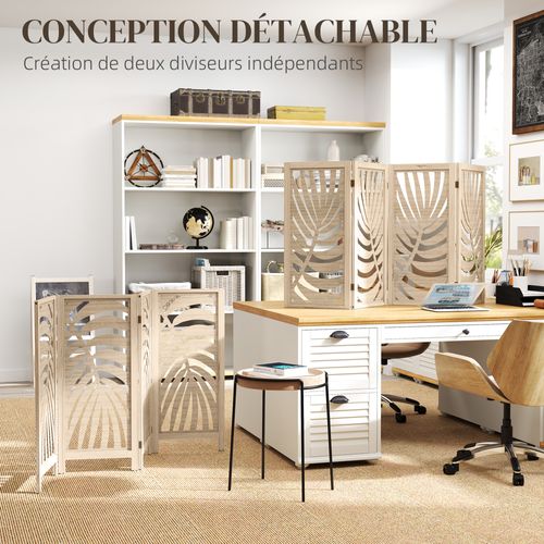 Paravent Interieur 4 Panneaux Pliable Ajustable Bois Ajouré Feuilles