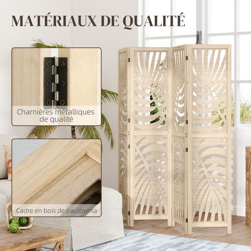 Paravent Interieur 4 Panneaux Pliable Ajustable Bois Ajouré Feuilles