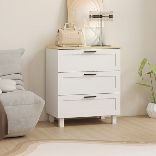 Commode 3 Tiroirs Sur Pieds Poignées Métal Noir Effet Bois Clair Blanc