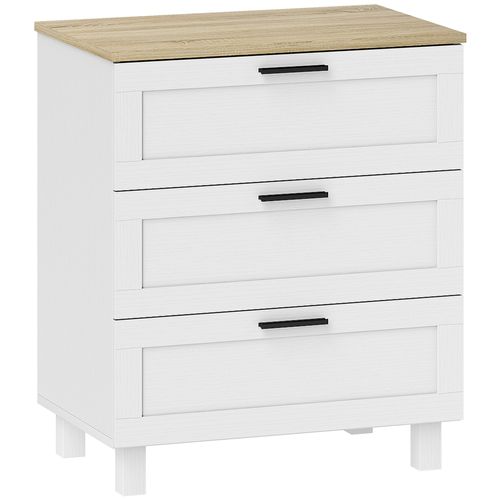 Commode 3 Tiroirs Sur Pieds Poignées Métal Noir Effet Bois Clair Blanc