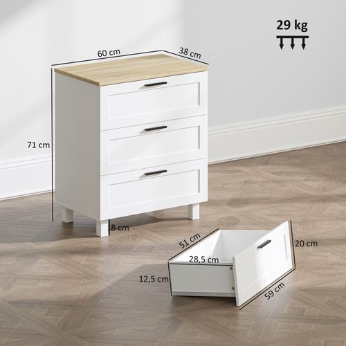 Commode 3 Tiroirs Sur Pieds Poignées Métal Noir Effet Bois Clair Blanc