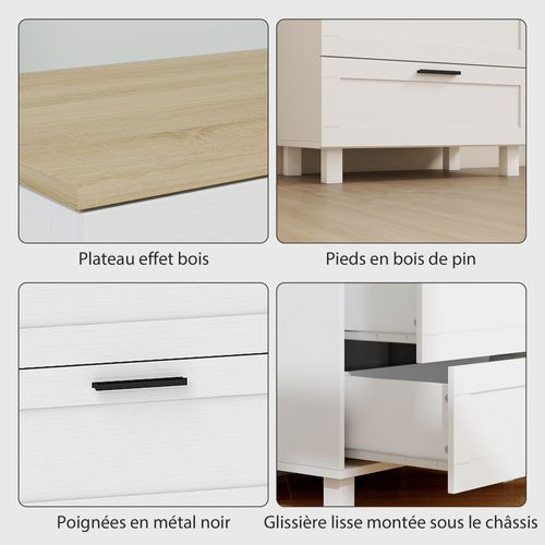 Commode 3 Tiroirs Sur Pieds Poignées Métal Noir Effet Bois Clair Blanc