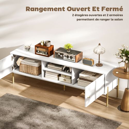 Meuble TV Design - 2 Portes, 2 Niches - Métal Doré Façade Rainurée Blanc