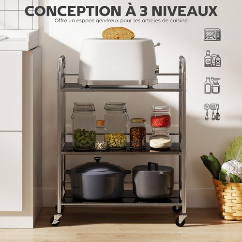 Desserte Cuisine Acier Inox 3 Niveaux 4 Roues 2 Freins 60 X 35 X 77 Cm